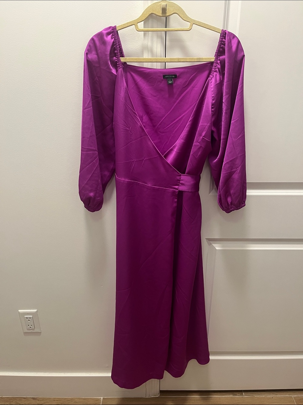 Ann Taylor Magenta Satin Wrap Midi Dress